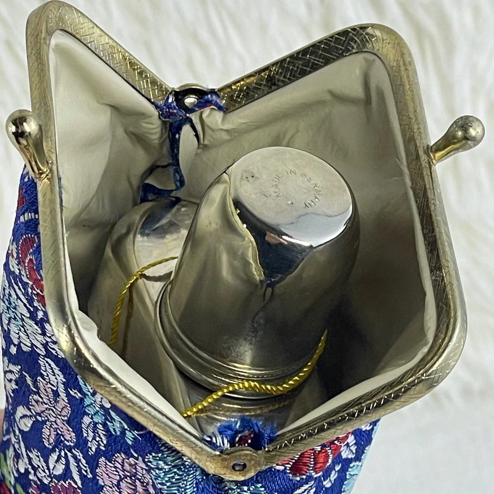 Vintage German Glass Hip Flask Silver Top with Blue Floral Brocade Pouch Case